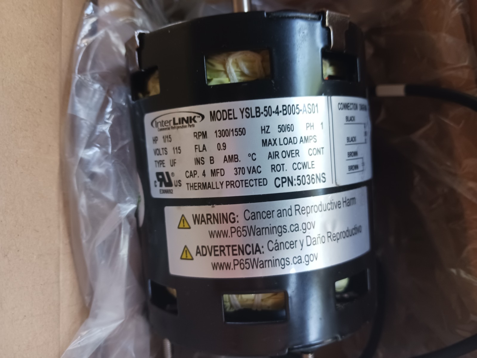 Interlink 5036NS, YSLB-50-4-B005-AS01 Evaporator Fan Motor, 1/15hp, 1300/1550rpm