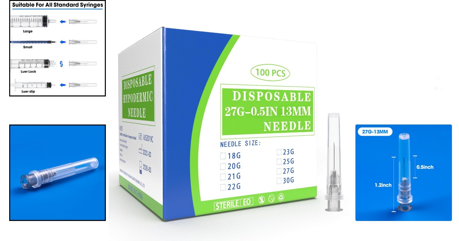 100 Pack 27 Ga 1/2 inch Disposable Needles with Caps for Scientific and Indus…