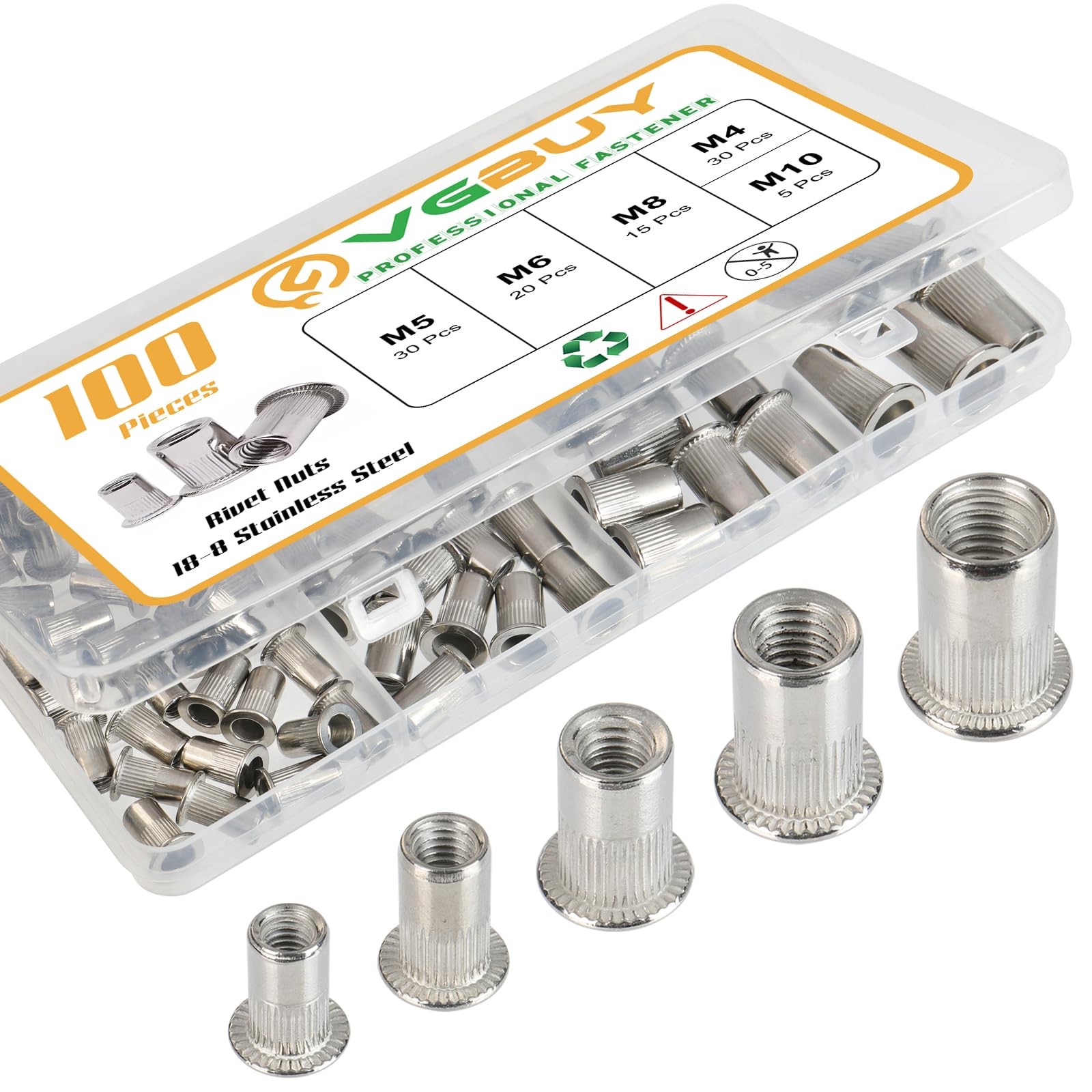 VGBUY 100Pcs Metric Rivet Nut Kit, Rivet Nuts Assortment M4 M5 M6 M8 M10, 304…