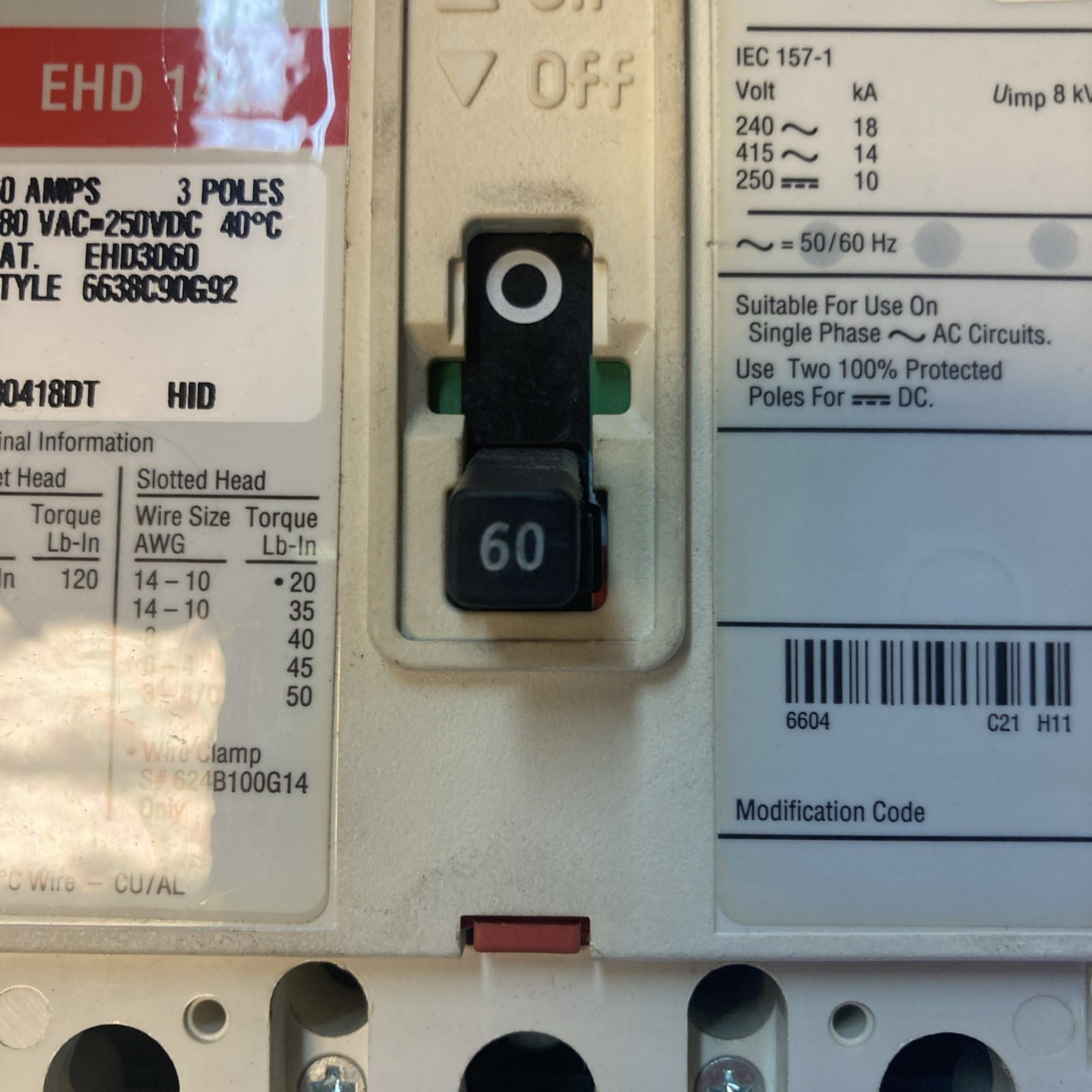 Eaton EHD3060 Industrial Circuit Breaker 60A 3-Pole 480VAC