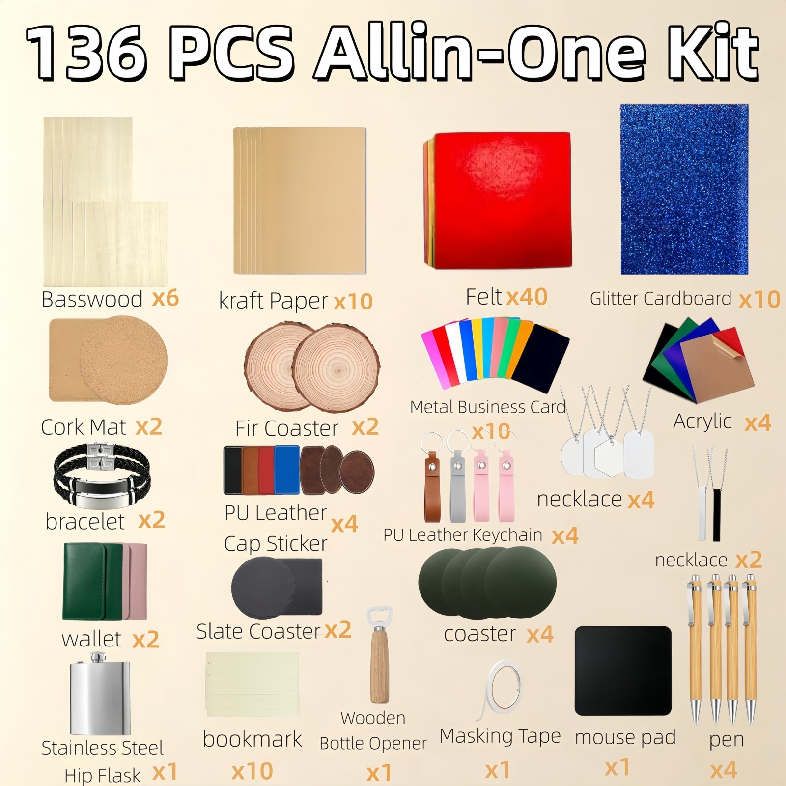 136 PCS Laser Engraving Material Kit – 22 Types Wood, Acrylic, Metal, Leather Bl