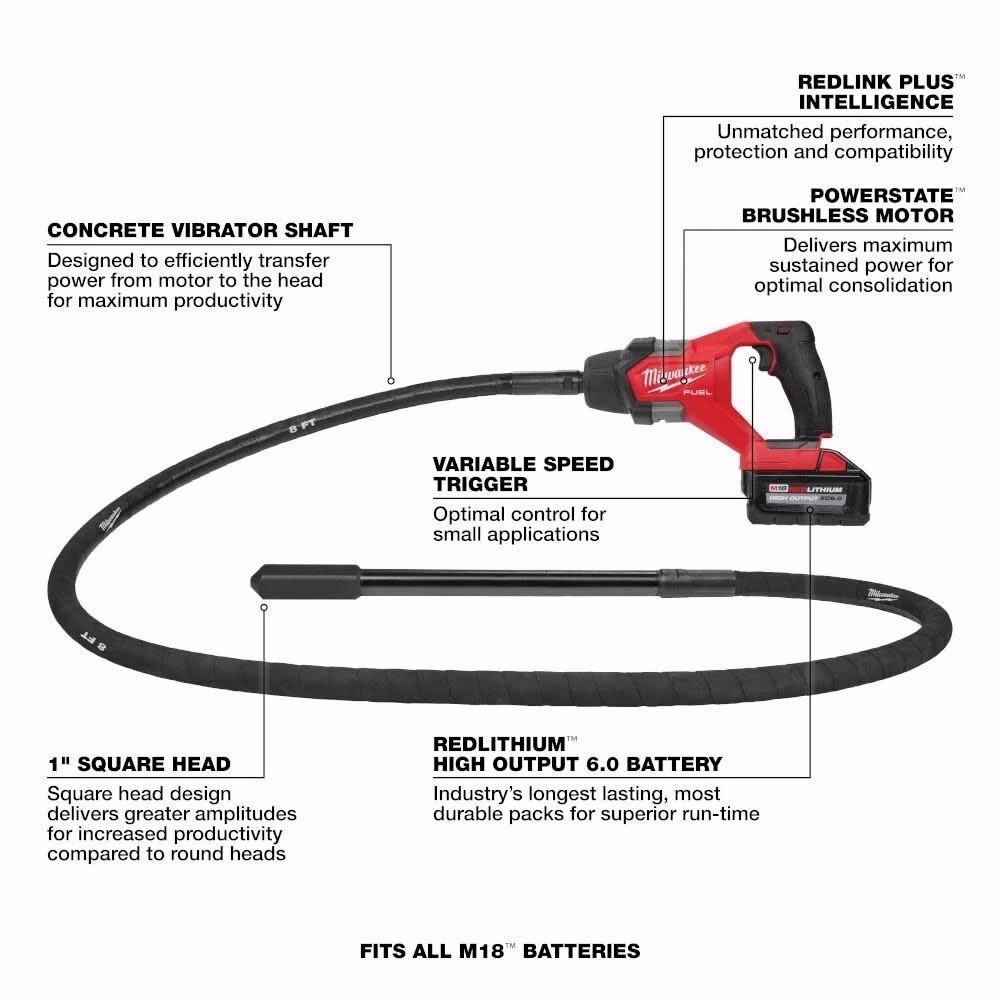Milwaukee 2911-21 M18 FUEL 18V 8′ Cordless Concrete Pencil Vibrator Kit