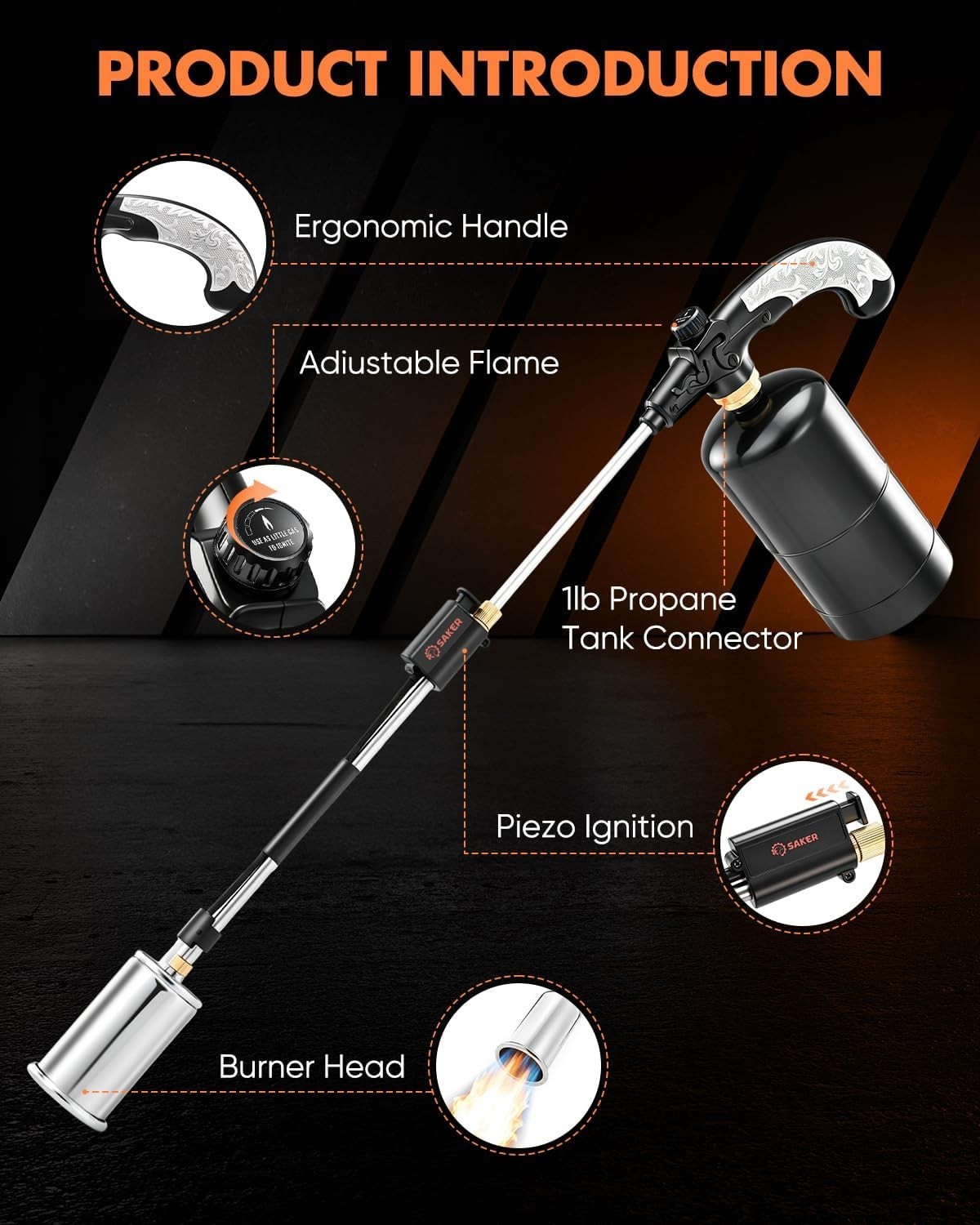 Saker Propane Torch Weed Burner – 45,000 BTU Flame Thrower with 30″ Curved Handl