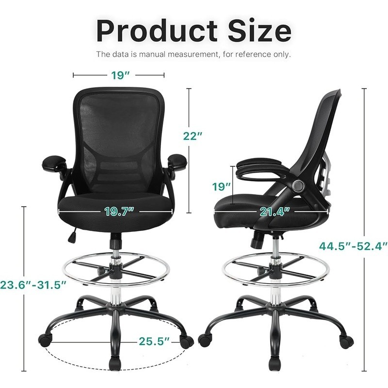 Drafting Chair High Back Ergonomic Stool Adjustable Footrest Flip Up Arms Mesh