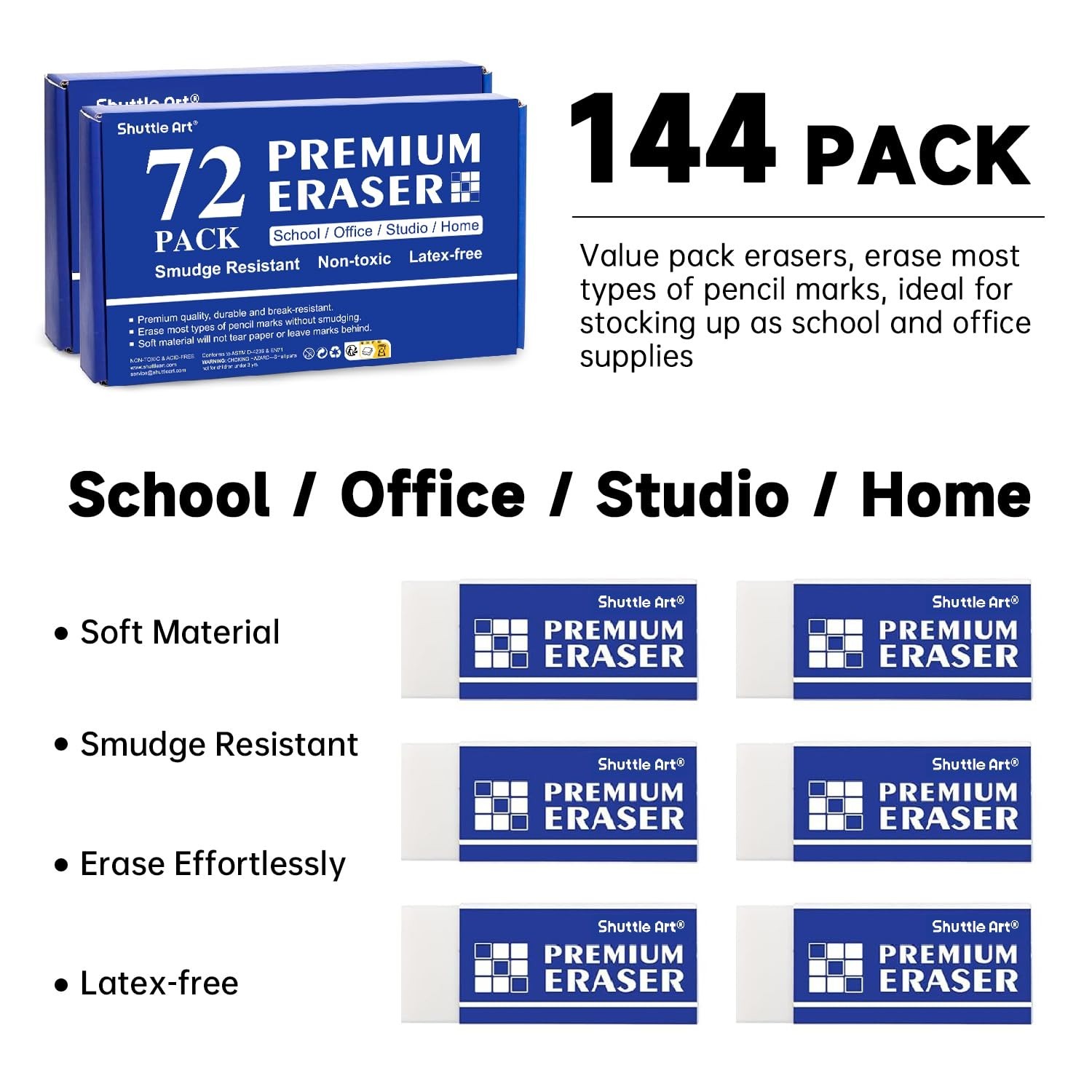 144 Pack Premium White Erasers – Bulk Classroom Set for Kids & Teachers Supplies