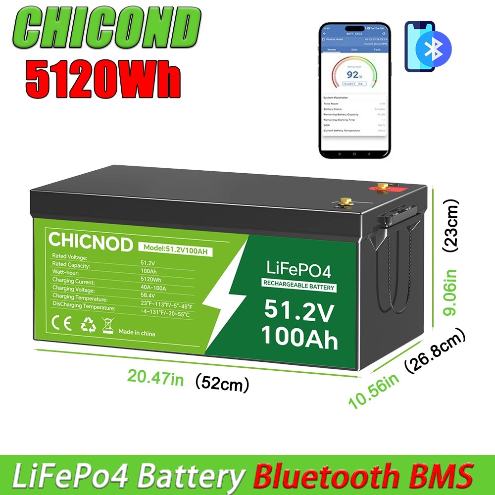 CHICNOD 51.2V 100Ah LiFePO4 Battery w/Bluetooth BMS 2560Wh Solar RV Golf Cart