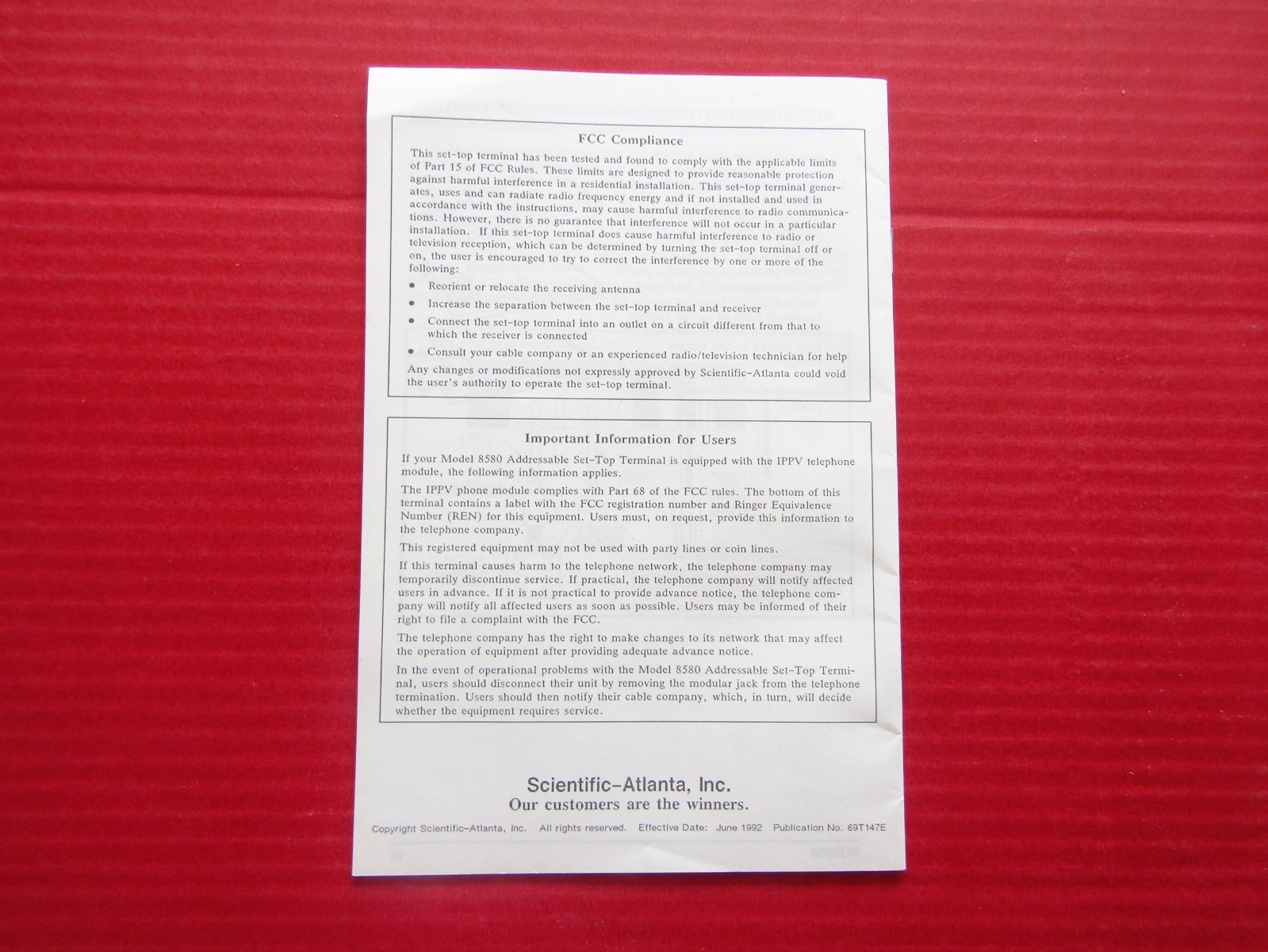 OWNERS MANUAL SCIENTIFIC ATLANTA Set-Top Terminal Series 8580 User’s Guide