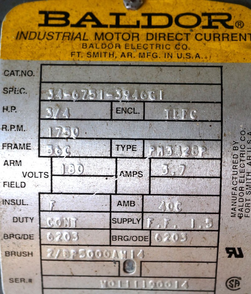 BALDOR DC Motor 3/4 HP, 180V, 1750 RPM, IEFC, PM3428P, 34-6751-394661, 5/8 Shaft