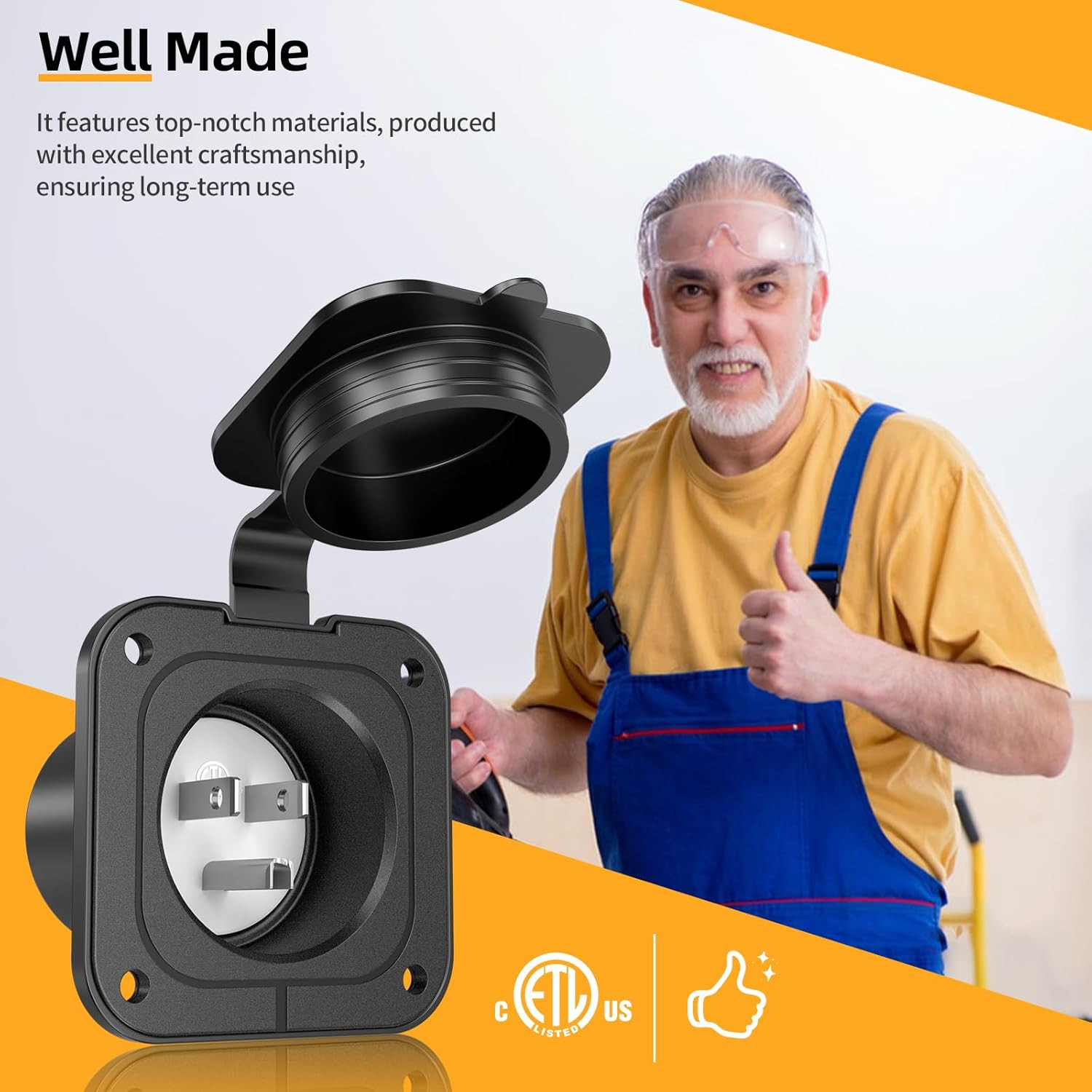 Flanged Inlet 15A AC Port Shore Power Plug with Waterproof Cover NEMA 5-15P Male