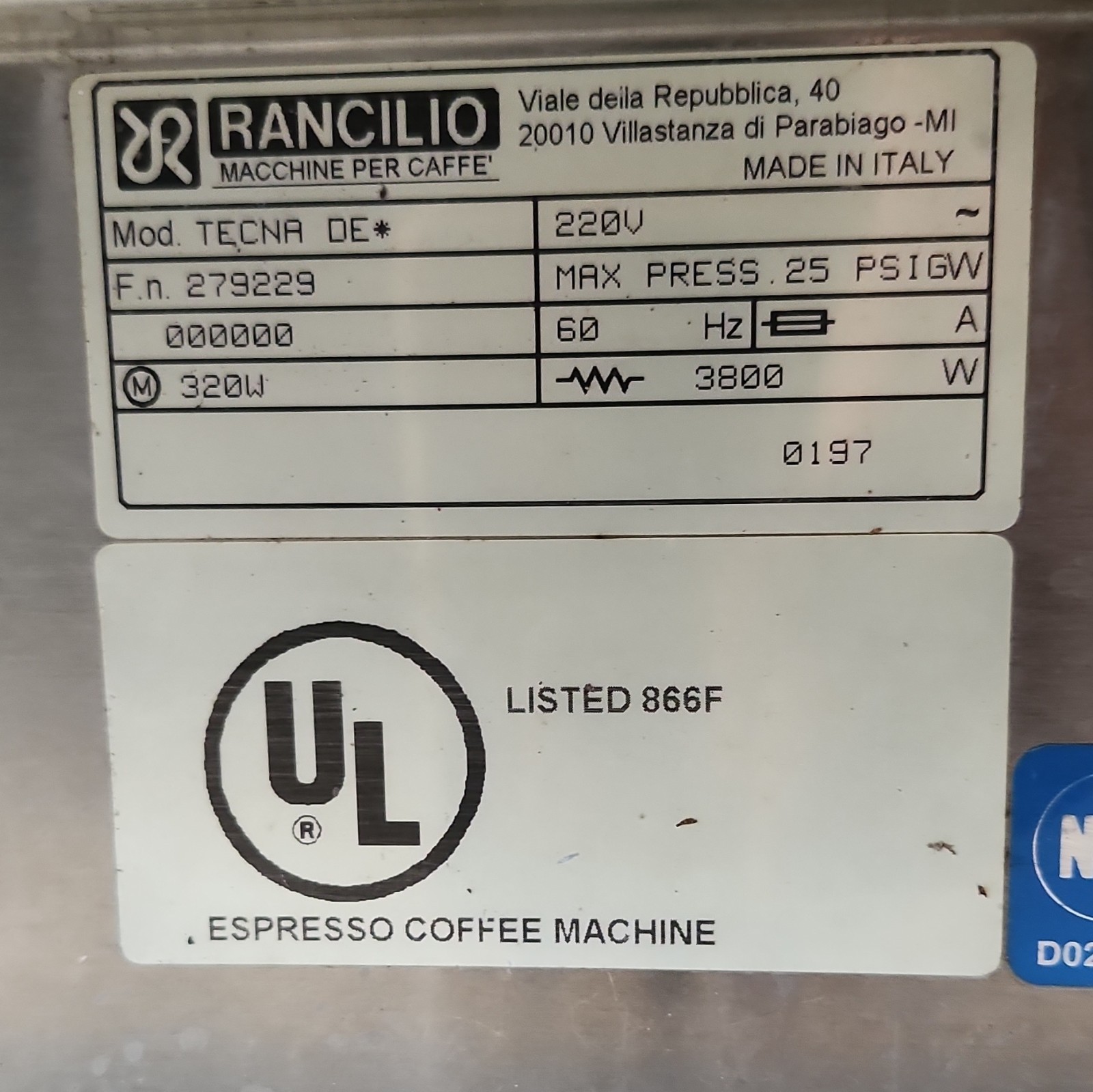 Rancilio Tecna DE 220V 3800W Semi-Auto Espresso Machine Steam Wand