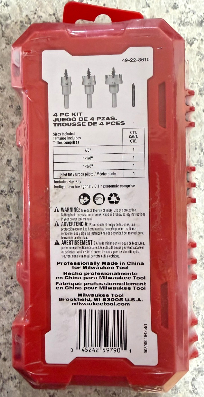 Milwaukee 49-22-8610 4pc Carbide Hole Cutter Kit 7/8”, 1-1/8”, 1-3/8” New