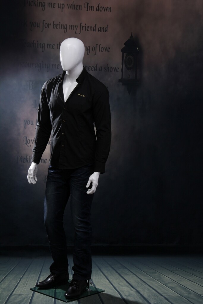 Mens Full Body Egg Head Glossy White Fiberglass Standing Mannequin with Base