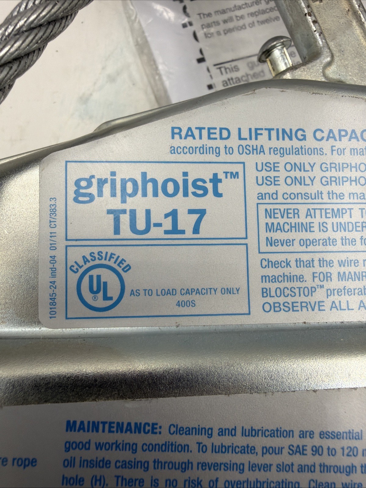 Tractel 849202430K Griphoist Manual Wire Rope Hoist 1 Ton 2, 000 Lb see details