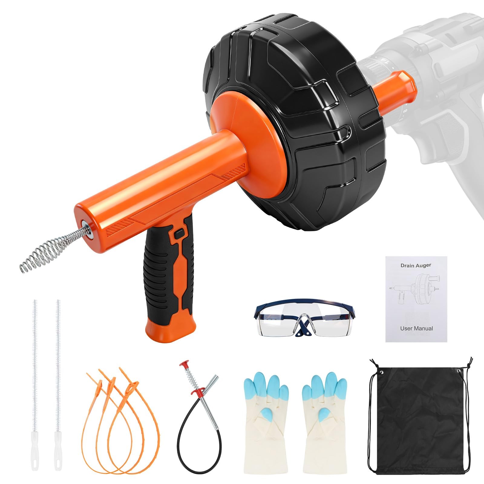 45 FT Drain Snake Tools, Manual Or Powered Double Mode Auto Retract Drain Dra…