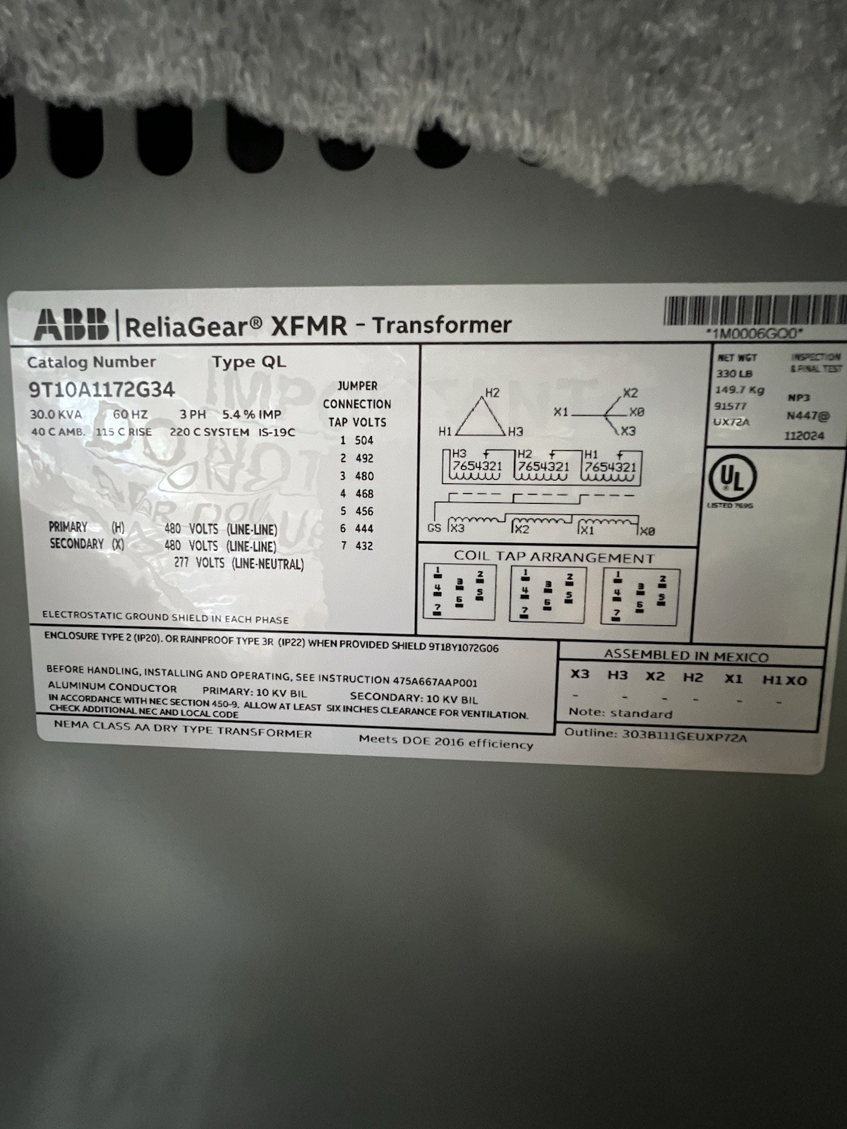 New ABB 30KVA 3 phase 480/277 V Transformer. Cat# 9T10A1172G34