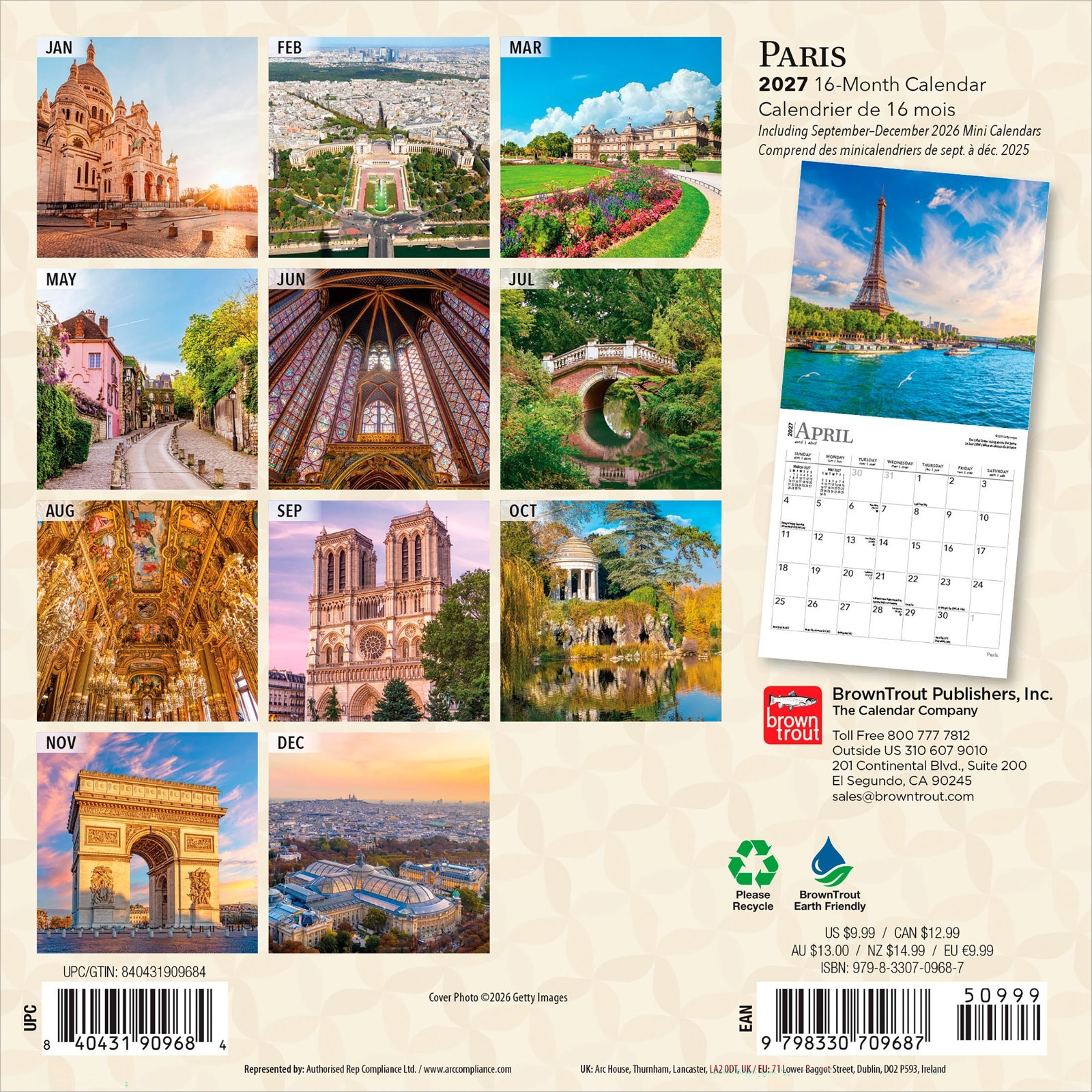 Paris 2027 7×14″ (Hanging) Monthly Mini Wall Calendar | English/French Bilingual