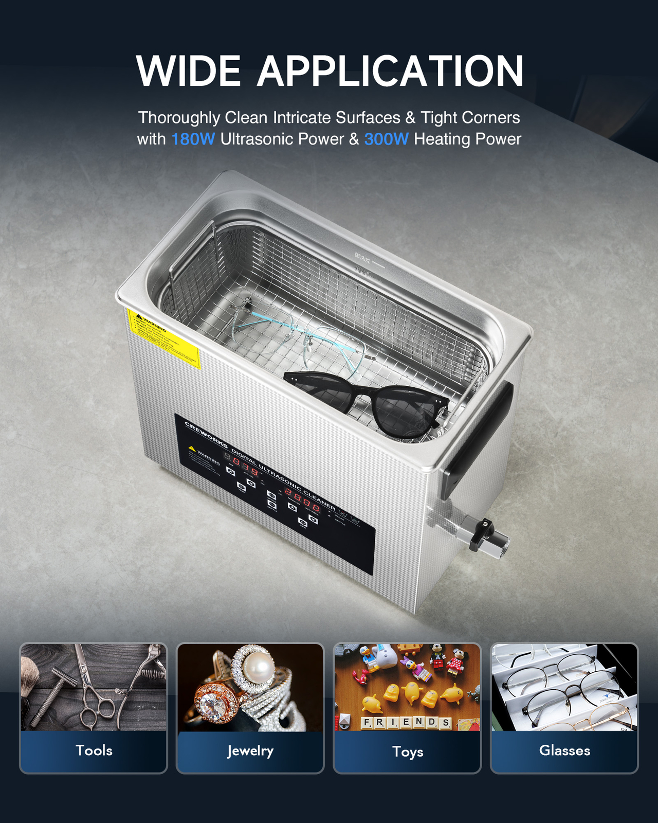 CREWORKS 6L Ultrasonic Cleaning Machine for Glasses Toys Brushes w Gentle Mode