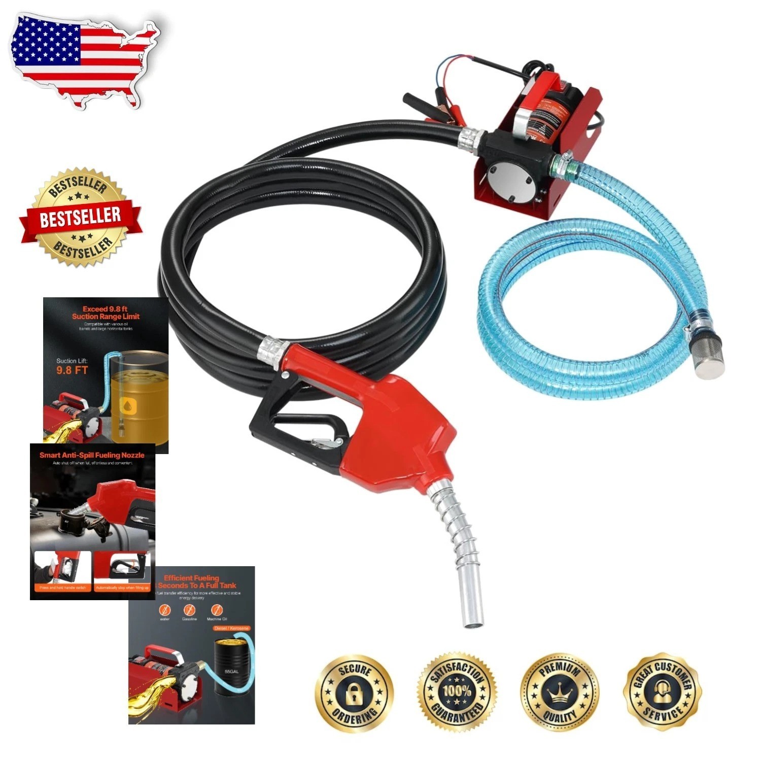 12V DC Fuel Transfer Pump – 10 GPM, Auto Shut-off, Portable, Tractor Use