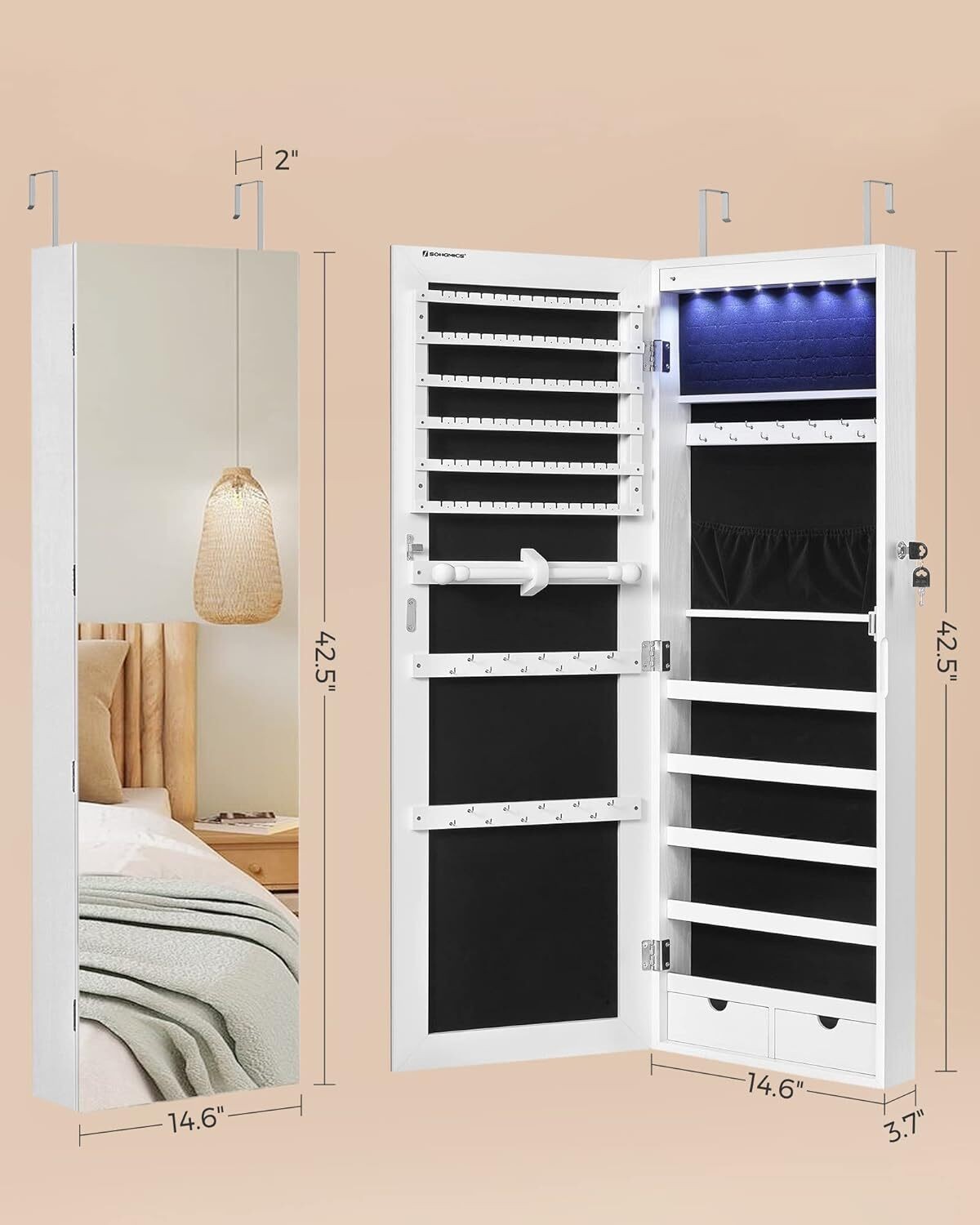 Wall-Mounted Cabinet with LED Interior Lights Door-Mounted Jewelry Organizer