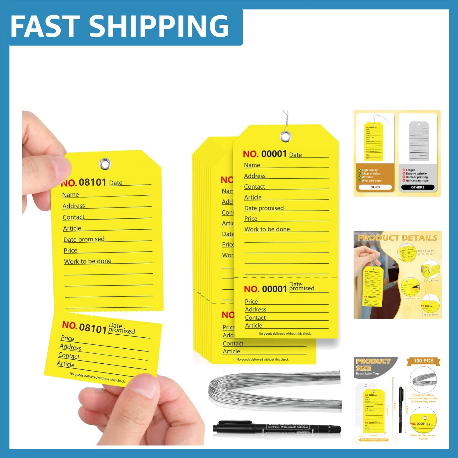 High-Quality Yellow Service Repair Tags – 100 Numbered Labels with Wire Ties