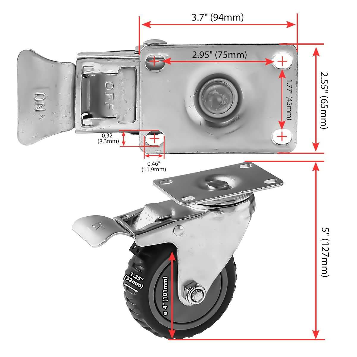 4 Pack 4″ Grey w/ Brake Caster Wheel Rought All Terrain Outdoor Outside Casters