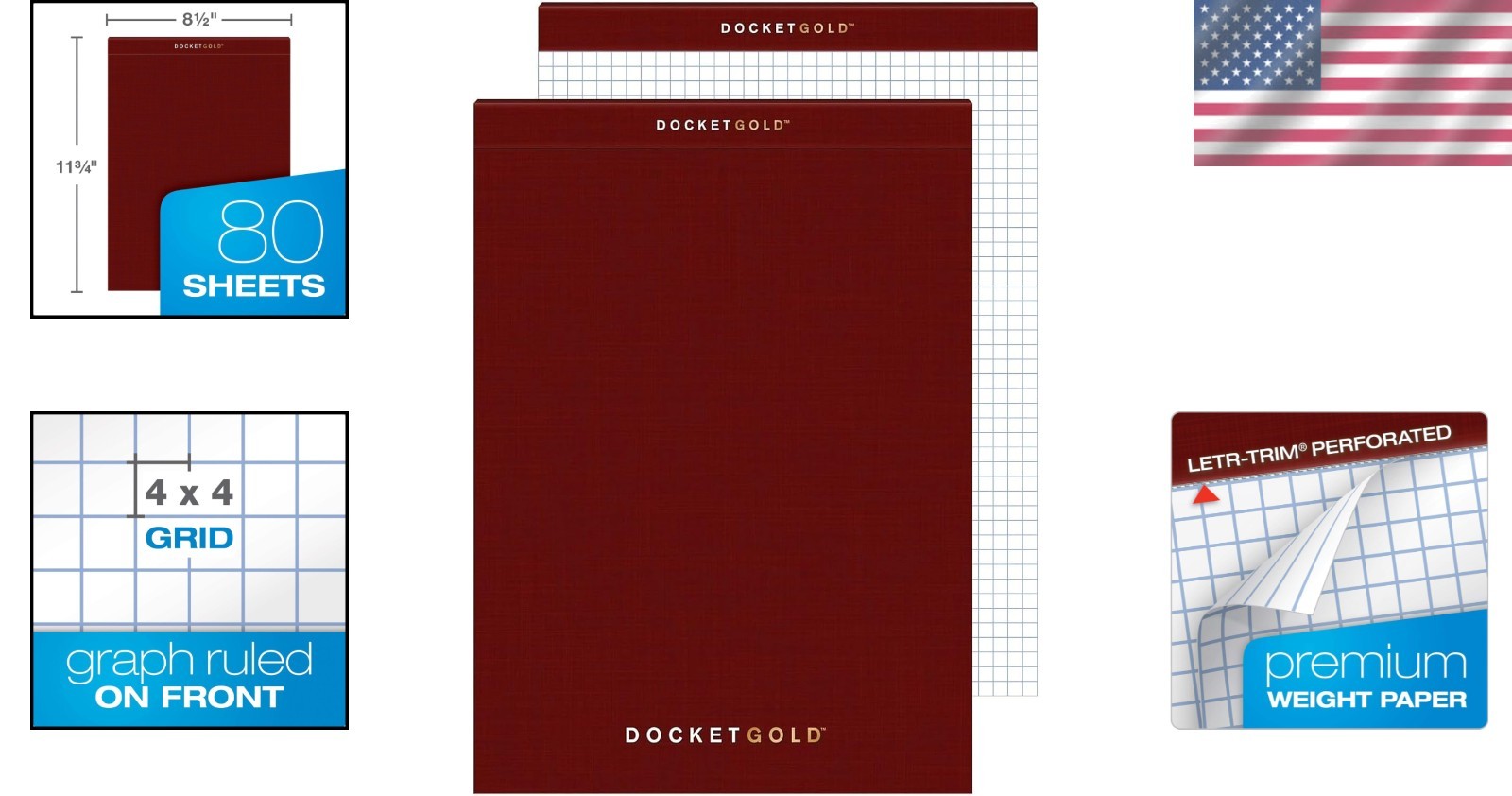 Docket Gold Graph Paper Pad 8.5″x11″ 4×4 Grid & 1/4″ Narrow Ruled 6-Pack
