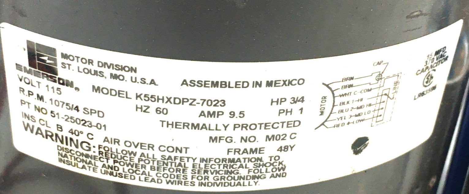 EMERSON K55HXDPZ-7023 Blower Motor 3/4HP 115V 1075RPM 4SPD 51-25023-01 #CME265B