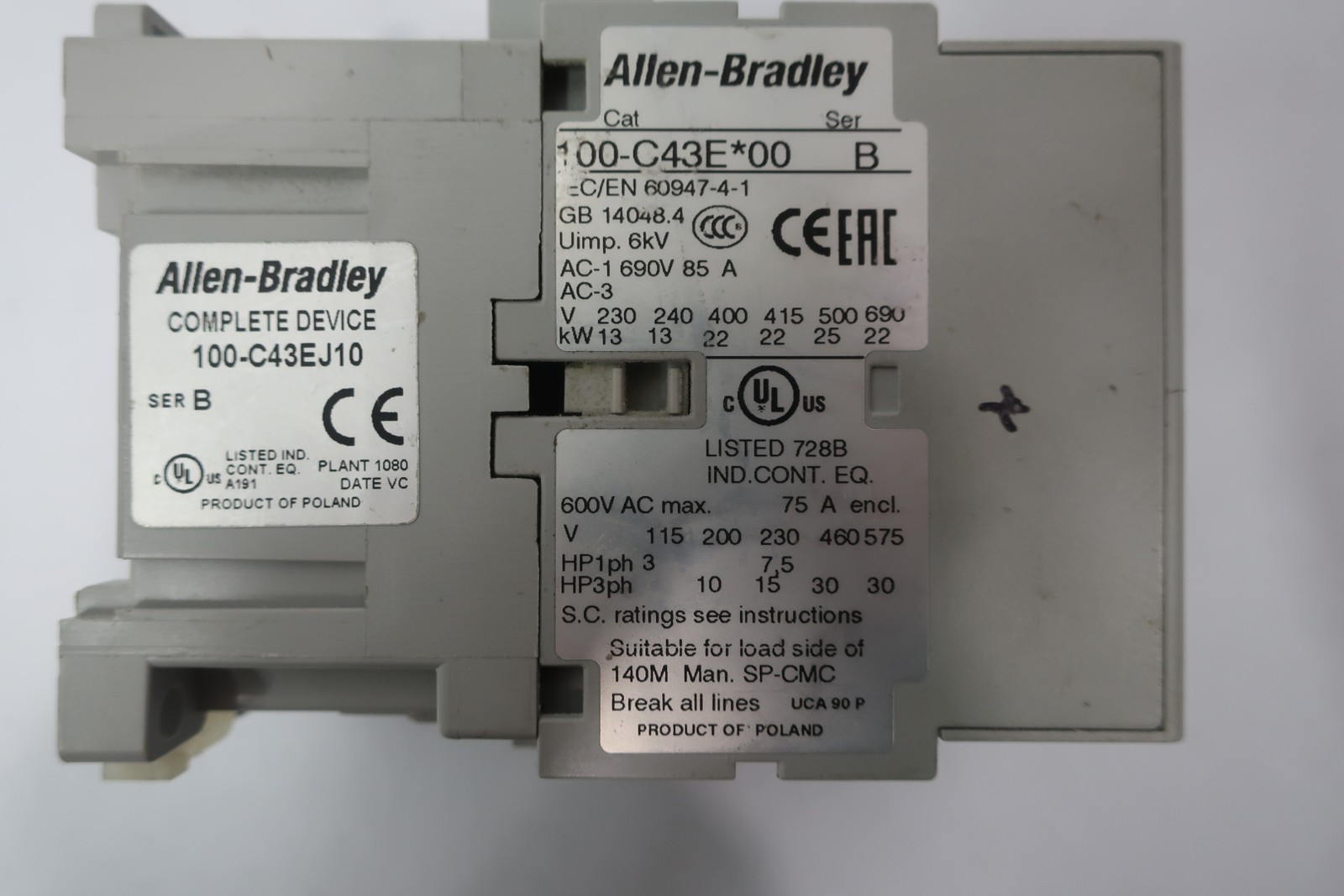 Allen Bradley 100-C43EJ10 Contactor 30hp 75a Amp 24v-dc