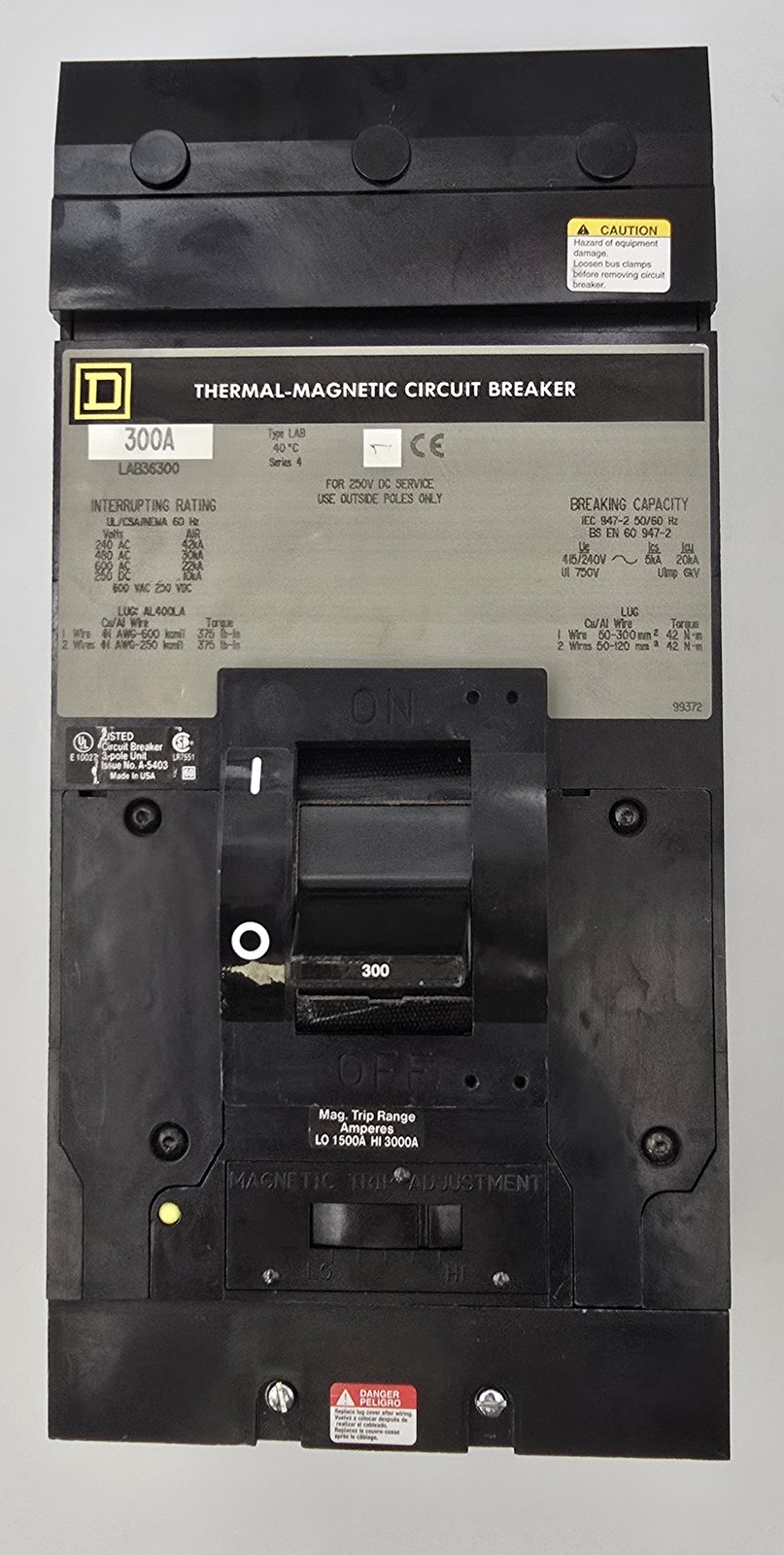 Square D LAB36300 I-Line Circuit Breaker 300A 600VAC 3P 50/60Hz Type LAB