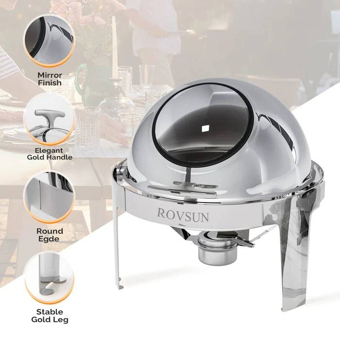 6Qt Round Roll Top Chafing Dish Buffet Set with Glass Window Silver for Wedding