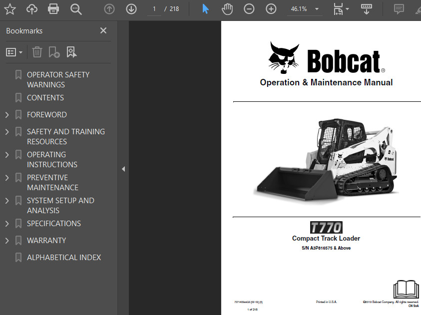 BOBCAT T770 COMPACT TRACK LOADER OPERATORS SERVICE REPAIR SHOP MANUAL PDF USB