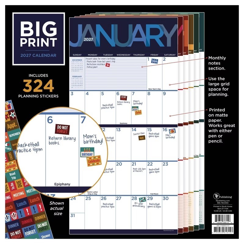 2027 Big Print Wall Calendar TF Publishing Large Grid 2-Page Spread FSC Paper