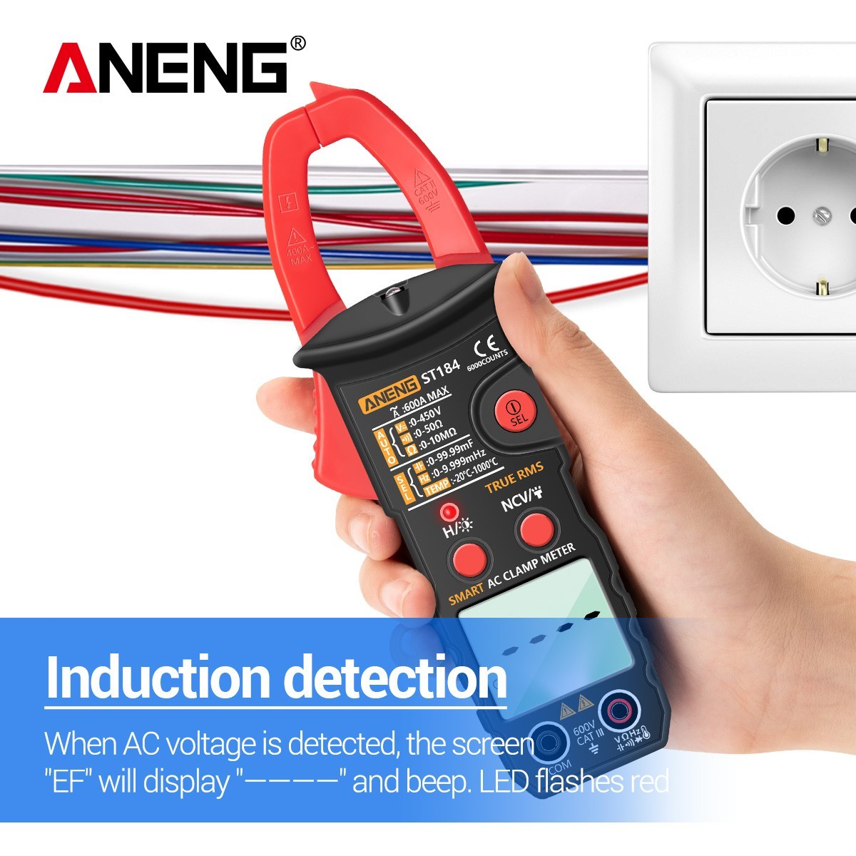 ANENG ST184 Clamp Meter True RMS 600A AC Auto Range NCV Temp Tester 6000 Counts