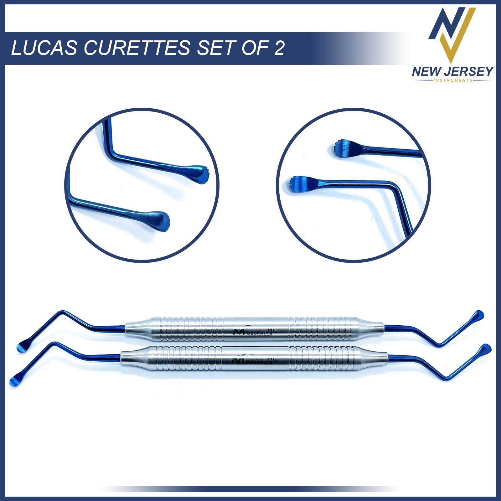 Dental Lucas Curettes Set of 2 Surgical Bone Curettes Serrated Blue Coated Tips