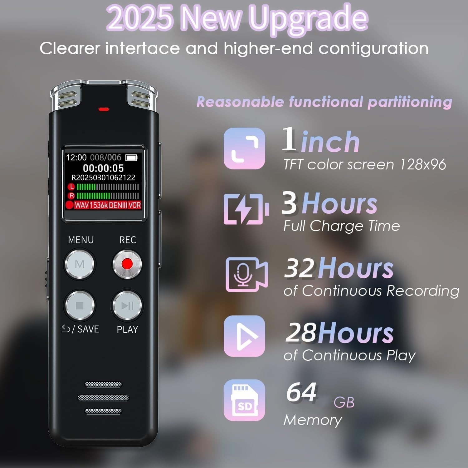 Digital Voice Recorder, 64GB, Voice Activated, Playback, USB Type-C, MP3 WAV