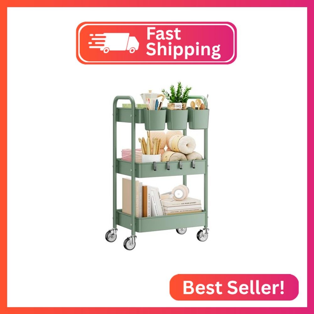 YASONIC 3-Tier Rolling Cart, Green, 66 Pounds Capacity, Mesh Storage Organizer w