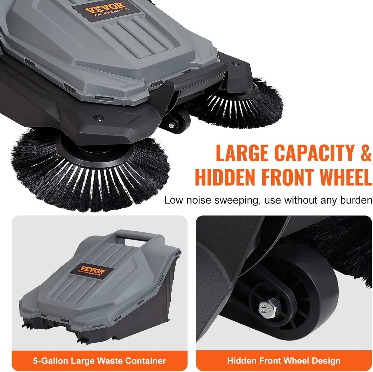 Walk-Behind Hand Push Floor Sweeper, 25.6″ Sweeping Width Floor Sweeper Manua…