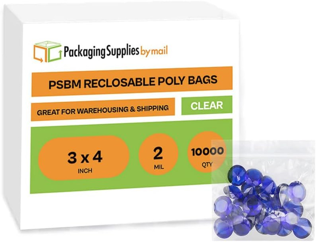 PSBM 10000 Count 2 Mil 3 Inch X 4 Inch, Reclosable Poly Bags, Clear Zip Plastic