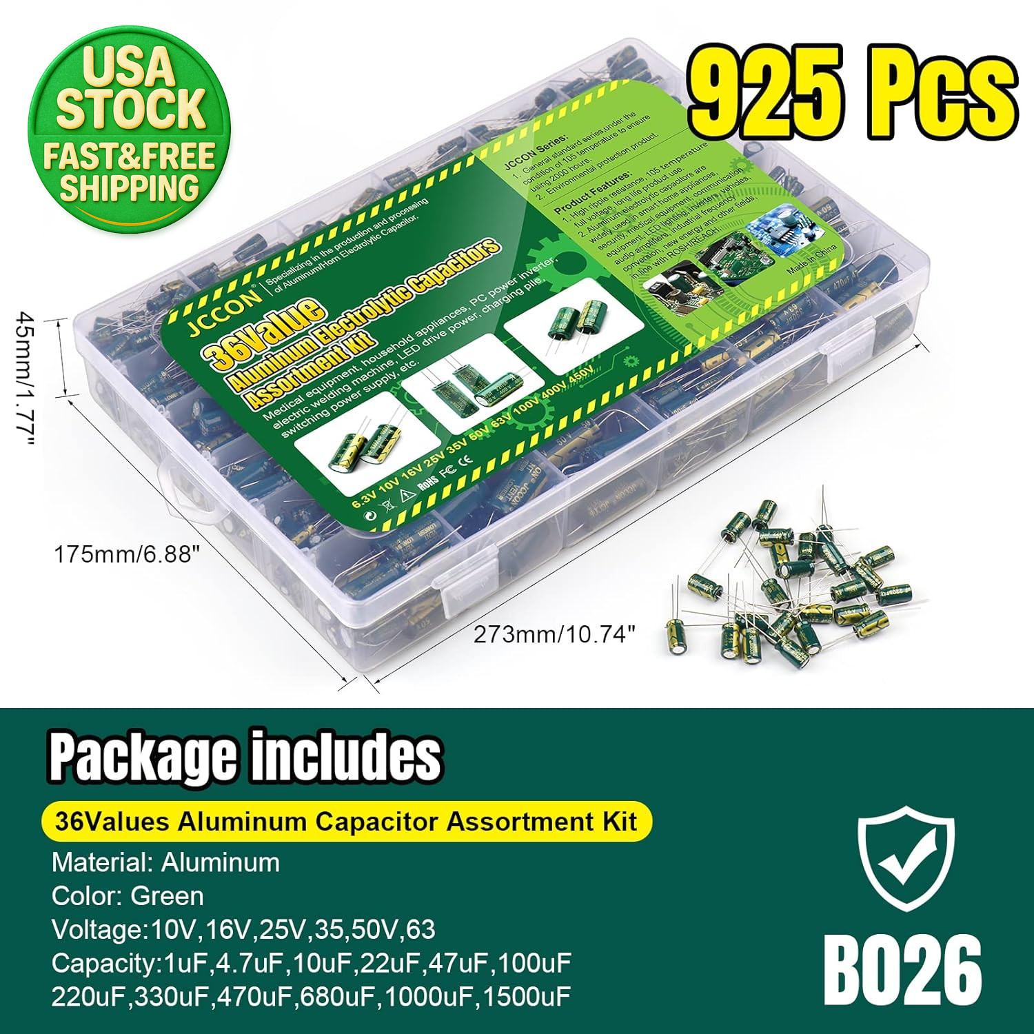925Pcs Aluminum Electrolytic Capacitor Assortment Kit 36 Values 1uF-1000uF