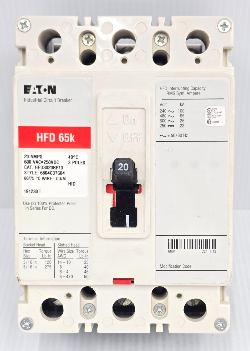 Eaton 20 Amp Industrial Circuit Breaker 600 VAC 3 Pole 100 kA HFD3020BP10