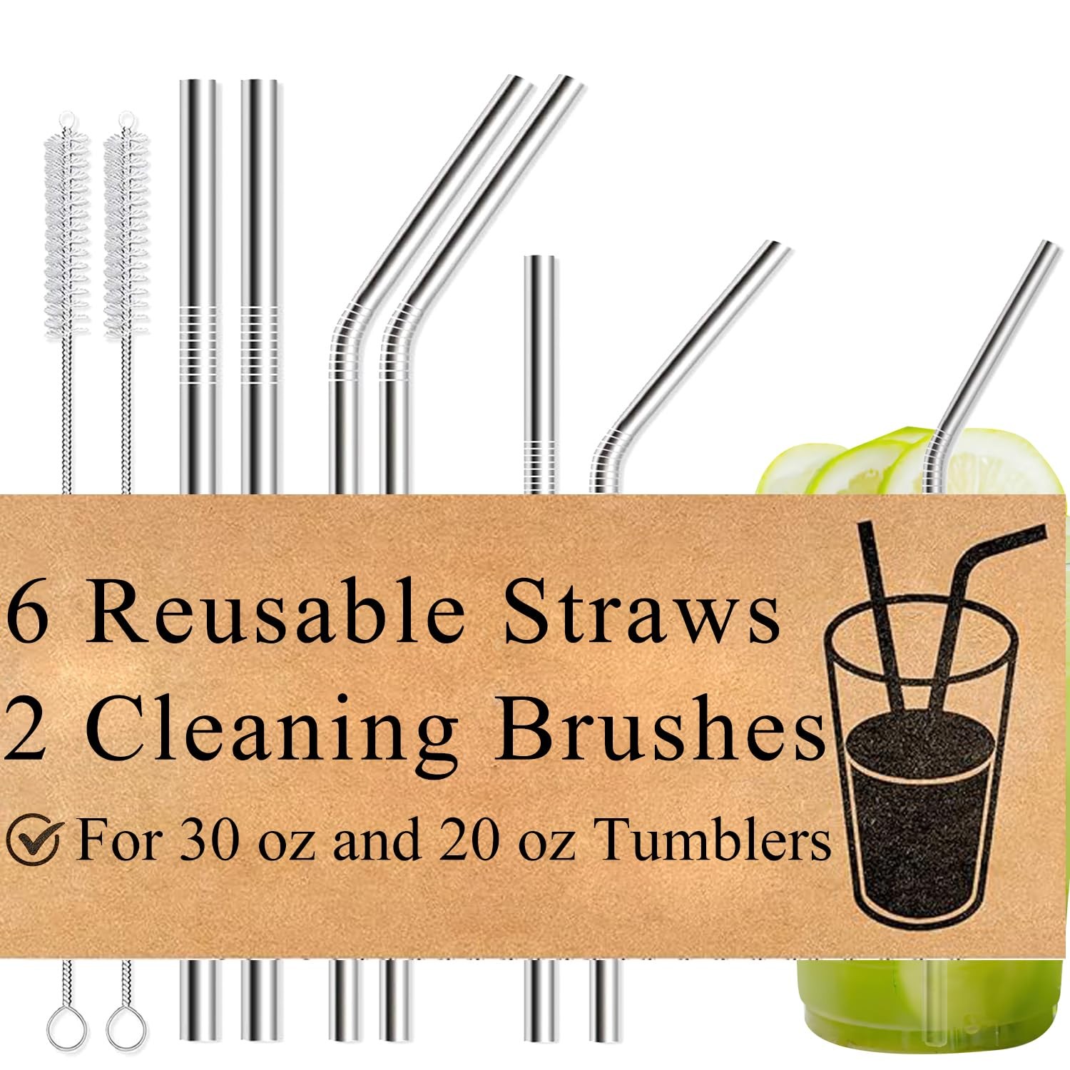 8-Pack Reusable Stainless Steel 8 Pack 8.5″ & 10.5″ for 20, 24, 30 oz, Silver