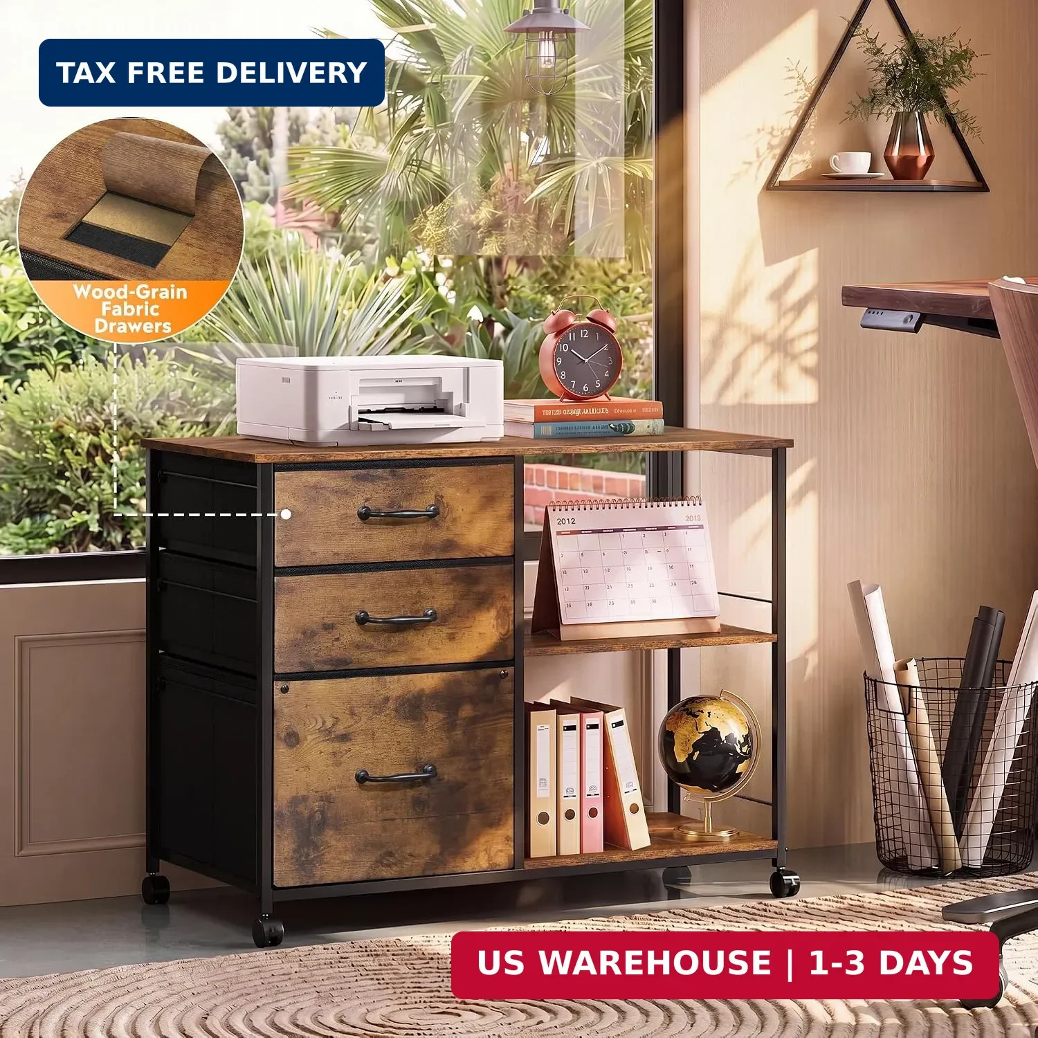 3 Drawer Mobile File Cabinet with Open Storage Shelf | Rolling Printer Stand, Fa