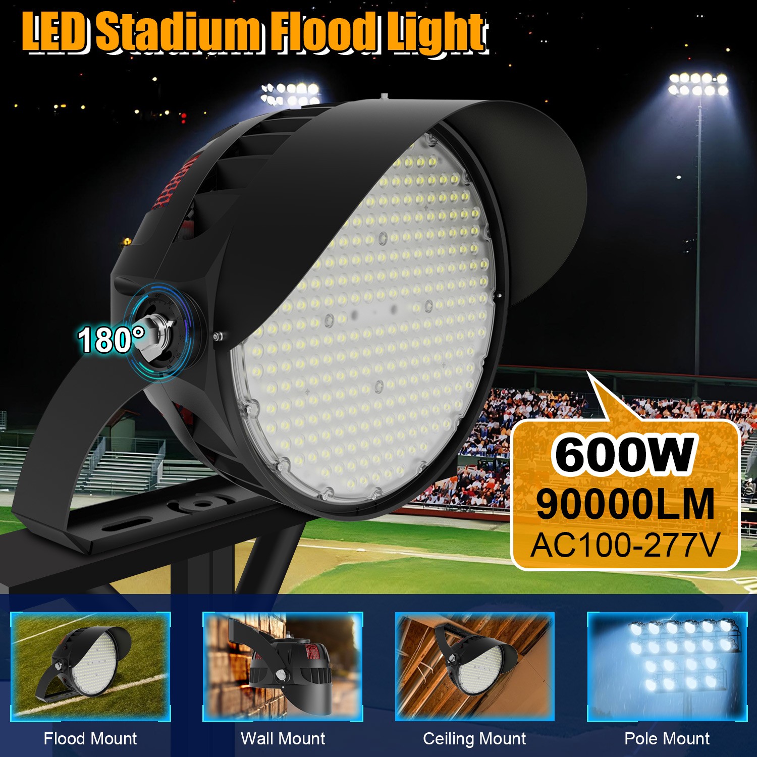 LED Stadium Lights 600W Flood Light 90000LM Playground Arena Flood Light Fixture