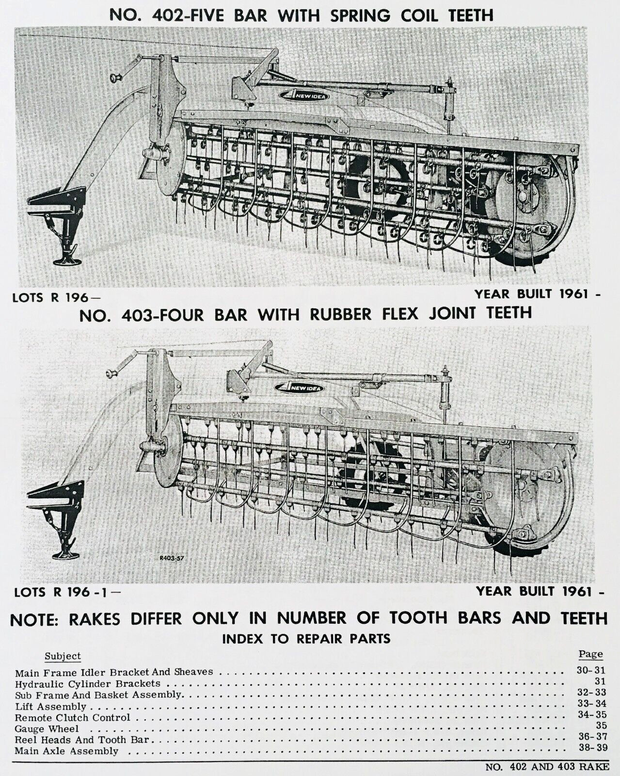 New Idea 402 5 Bar 403 4 Bar Parallel Side Rake Operators Manual Parts Catalog