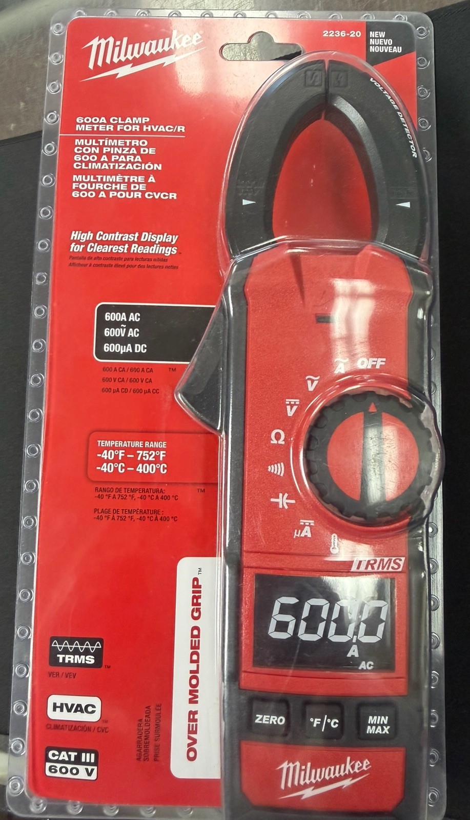 Milwaukee 2236-20 Clamp Meter for HVAC/R – Red – 600A AC Over Molded Grip