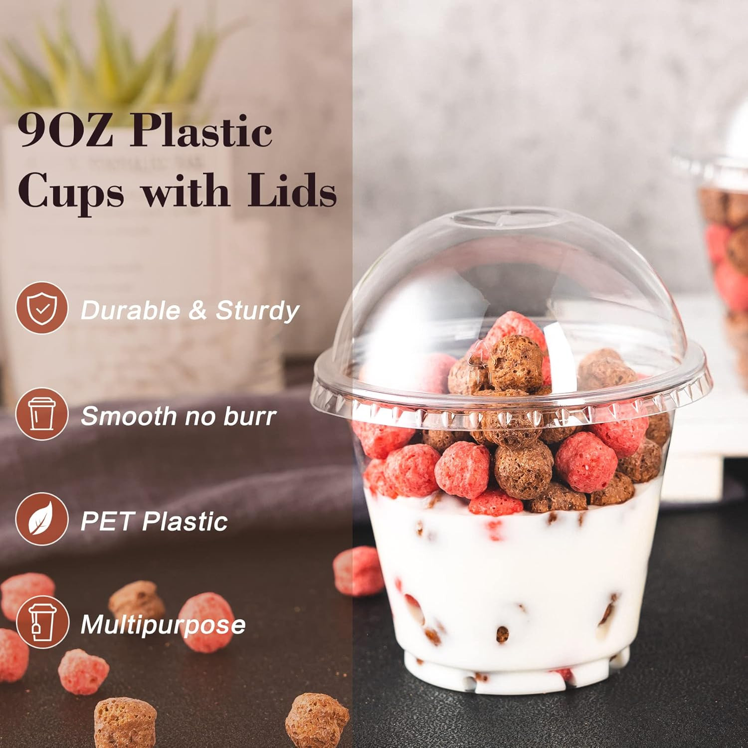 Lullaby 200Pack 9Oz Clear Plastic Cups with Dome Lids, Dessert Cups with Lids, D