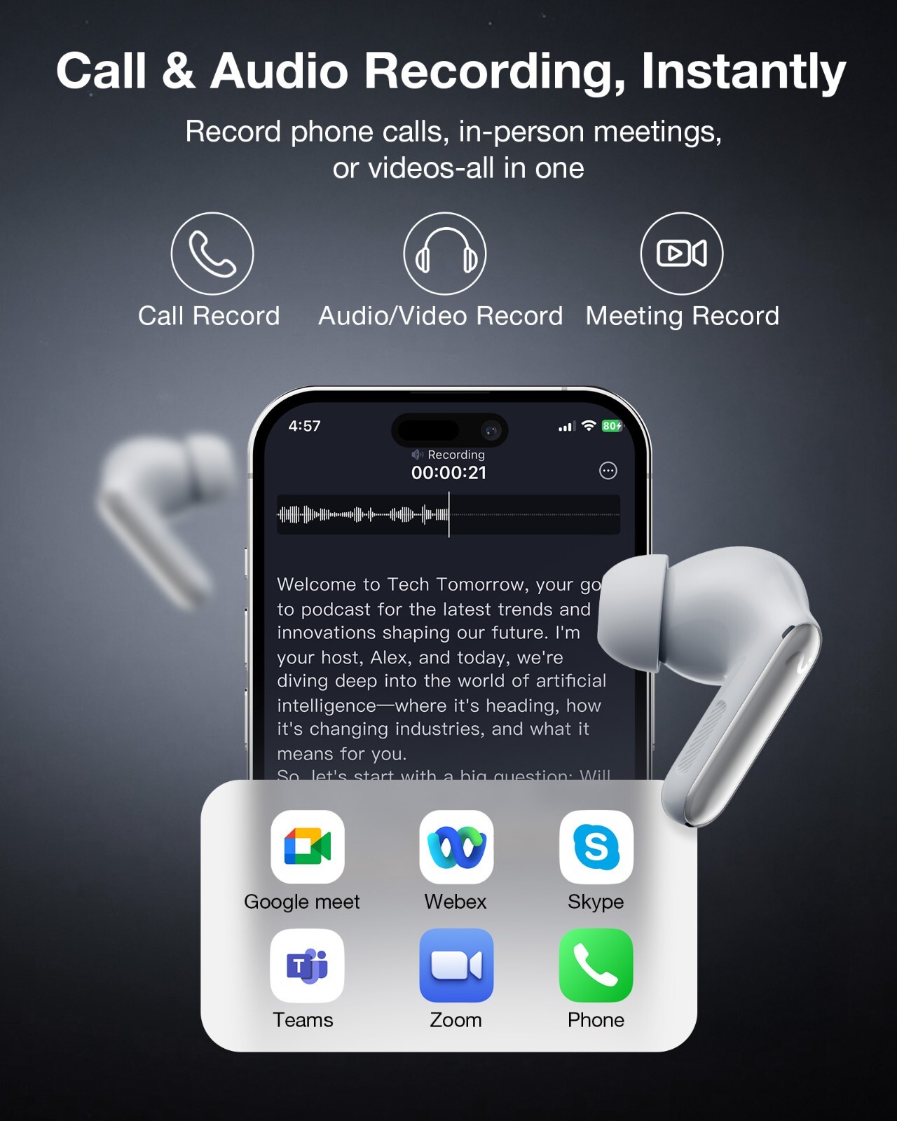 Viaim RecDot Wireless Bluetooth AI Conference Earbuds with Live Transcription