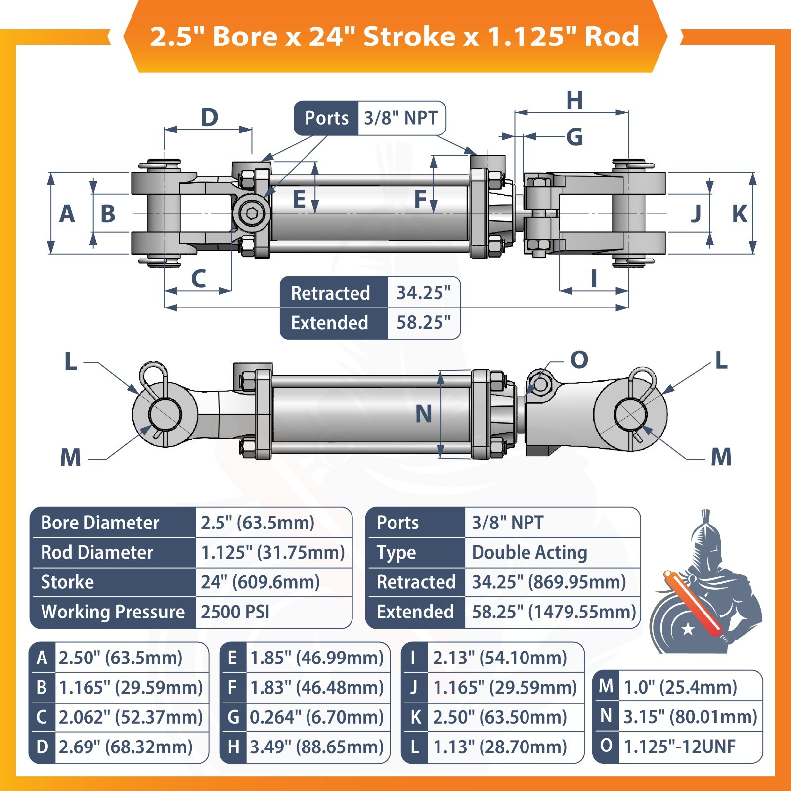 2.5×24 Hydraulic Cylinder 2.5″ Bore 24″ Stroke Double Acting Tie-Rod Cylinder