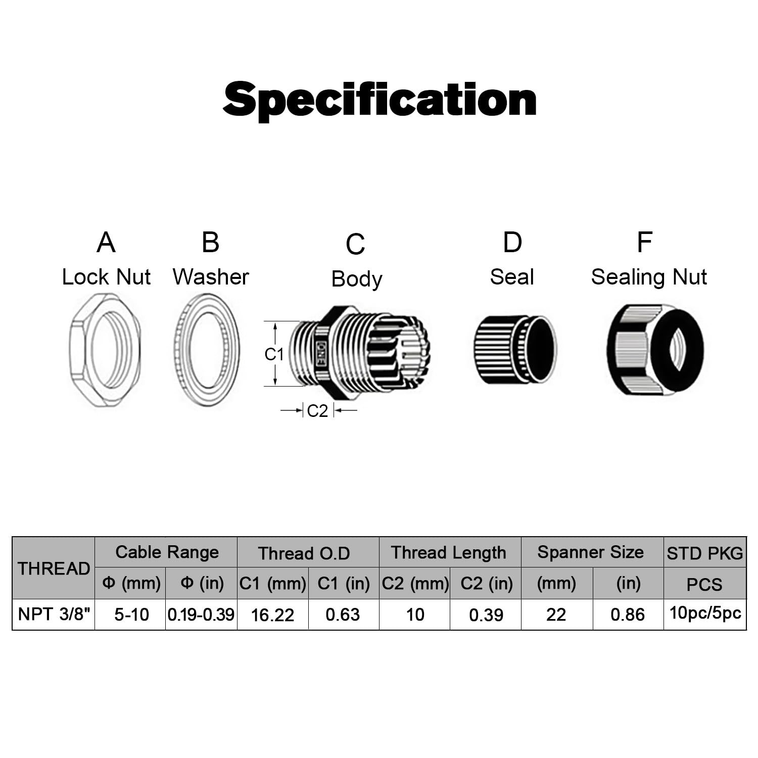 10 Pack NPT 3/8″ Waterproof Adjustable 5-10mm Cable Glands Nylon Joints