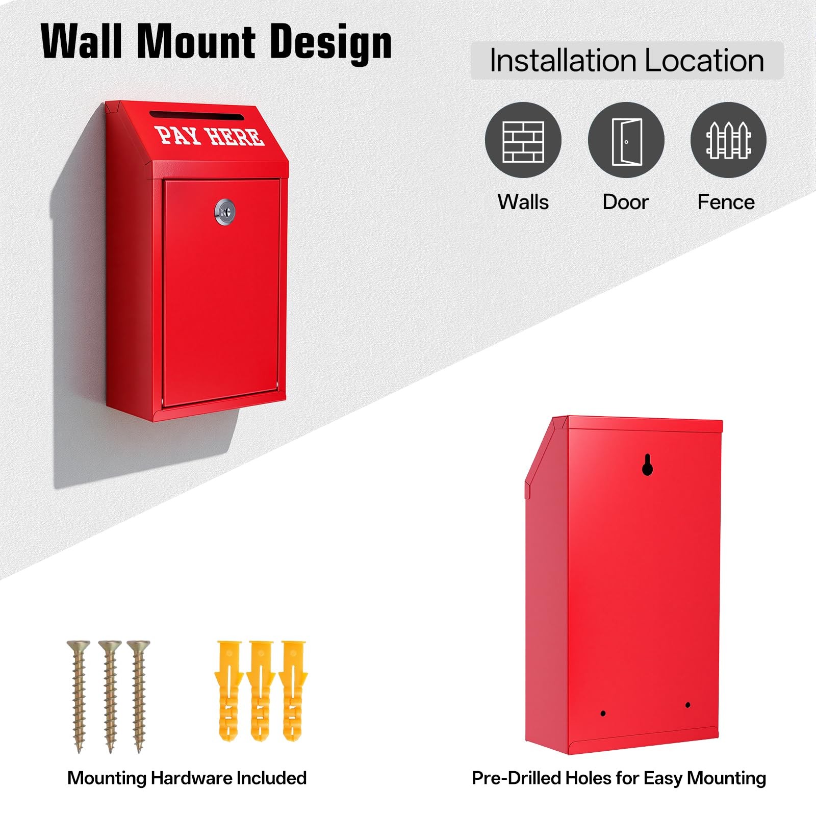 Locking Cash Box with Slot, Metal Money Donation Box with Lock and 4 Keys Wall M